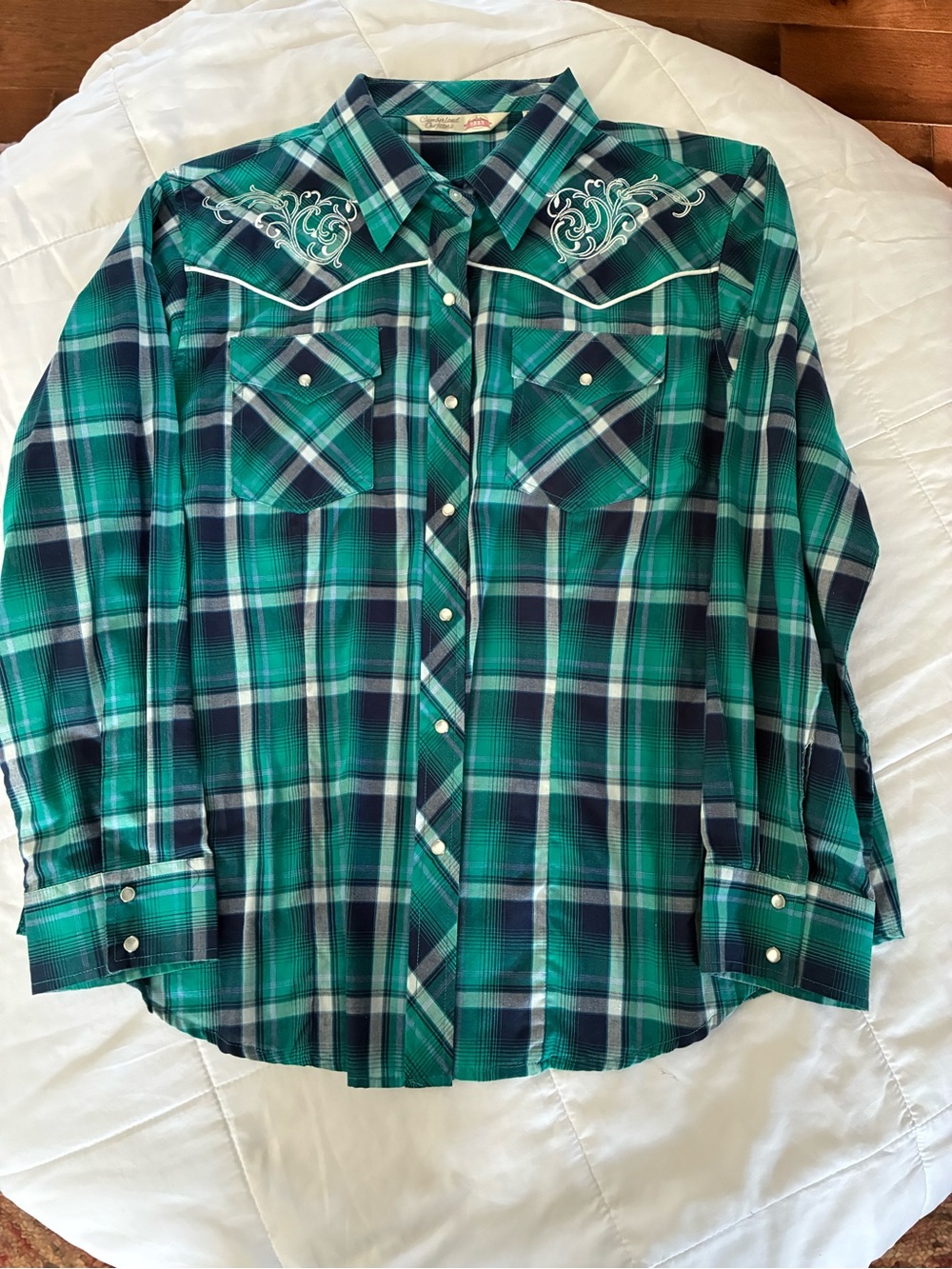 Women's Teal Plaid Button-Down Western Shirt with Embroidered Yoke